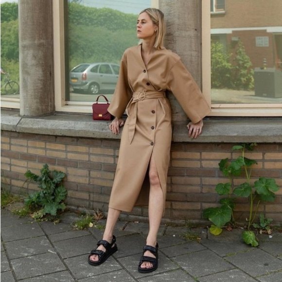 Nanushka Iben Vegan Leather Kimono Dress Pale Caramel L - Picture 6 of 11